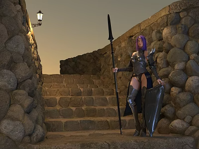 Fantasy Medieval Game Character With Purple Hair Holding Spear Shield By Stone Stairs And Lamp 3d model