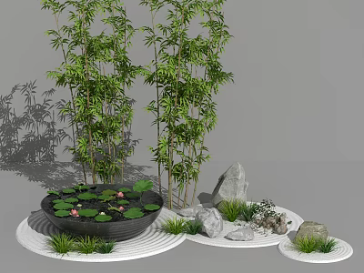 Tranquil Garden Ornament Featuring Circular Pond Water Lilies Lotus Flowers Bamboo and Stones 3d model