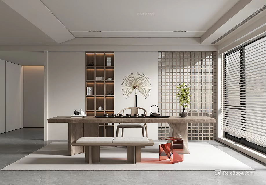Modern Tea Room Interior Design With Wooden Table Tea Sets Seats And Green Plants 3d model 