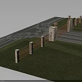 Ornamental Orange Metal Entrance Gate With Stone Pillars Grass And Roadway