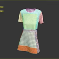 Stylish White Short Sleeve Top With Checkered Skirt Featuring Colorful Patterns And Orange Hem
