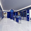 Modern Retail Store Interior With Blue Counters Display Shelves And Product Bottles