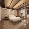 Chinese Style Hotel Guest Room Featuring Wooden Decor Tatami Area Tea Table And Hanging Lamps