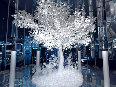 Decorative White Tree in Modern Space Surrounded by Transparent Pillars and City Night View 3d model