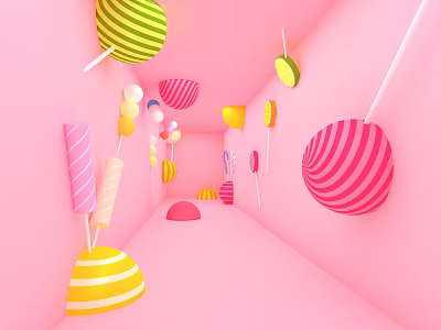 Pink Elevator Corridor With Colorful Lollipops Candy Sticks And Sweet Decorations 3d model