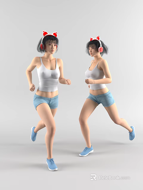Women Running In White Tank Top Blue Denim Shorts With Red Headphones And Blue Shoes 3d model 