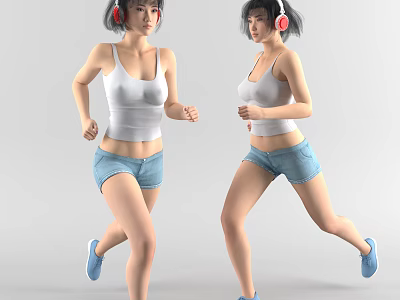Women Running In White Tank Top Blue Denim Shorts With Red Headphones And Blue Shoes 3d model