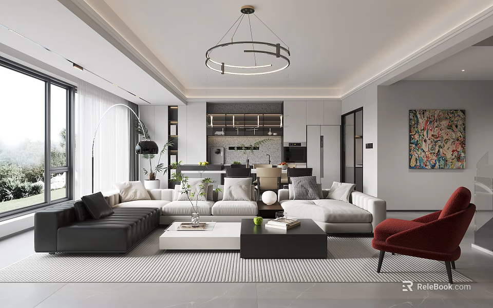 Modern Living Dining Room Interior With Sofa Coffee Table Chandelier And Artwork 3d model 