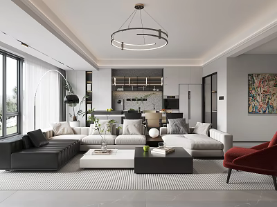 Modern Living Dining Room Interior With Sofa Coffee Table Chandelier And Artwork 3d model