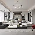 Modern Living Dining Room Interior With Sofa Coffee Table Chandelier And Artwork