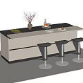 Modern Bar Counter With White Black Countertop Three Metal Stools And Decorative Vase Fruits