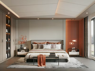 Modern Bedroom With Gray Walls Orange Lattice Accent Wall Bedside Tables Table Lamps And Rug 3d model