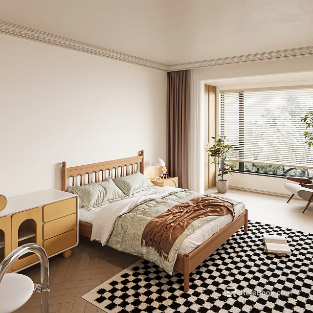 Modern Bedroom Interior With Wooden Bed Bedding Nightstand Lamp Window Plant And Checkered Rug 3d model 
