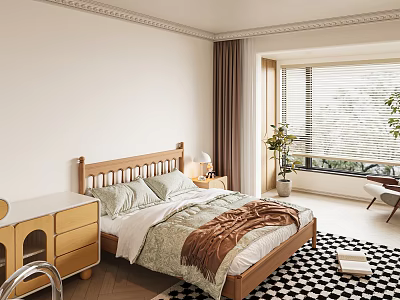 Modern Bedroom Interior With Wooden Bed Bedding Nightstand Lamp Window Plant And Checkered Rug 3d model