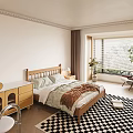 Modern Bedroom Interior With Wooden Bed Bedding Nightstand Lamp Window Plant And Checkered Rug