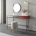 Stylish Dressing Table With Round Mirror Gold Floor Lamp White Countertop Red Edge Black Legs Light Gray Stool Skincare Products Dried Flowers