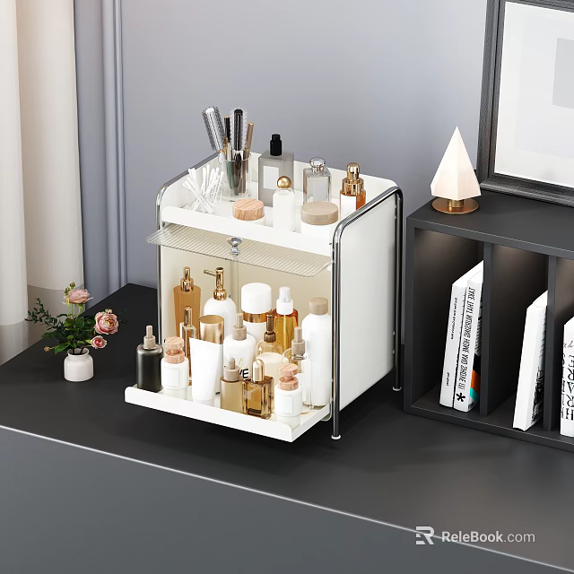 White Multi Layer Cosmetic Organizer With Makeup And Skincare Products On Vanity 3d model 