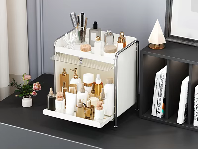 White Multi Layer Cosmetic Organizer With Makeup And Skincare Products On Vanity 3d model