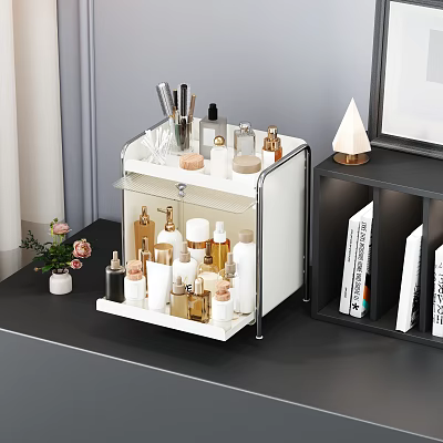 White Multi Layer Cosmetic Organizer With Makeup And Skincare Products On Vanity 3d model