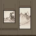Abstract Painting Artwork On Wall Interior With Traditional Chinese Landscape And Tree Elements 3d model