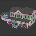Exterior View Of Classic Single Family House With Gray Roof White Porch Stairs And Garage
