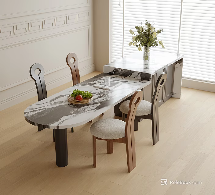 Modern Dining Table And Chairs With Marble Top White Wall Window Blinds And Flower Vase 3d model 
