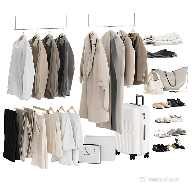 Various Style Clothes With Matching Bags Shoes And Suitcase 3d model 