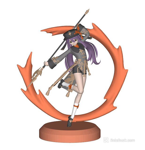 Anime Style Character With Purple Long Hair Traditional Outfit And Orange Flame Decoration 3d model 