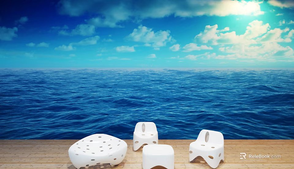 White Outdoor Chairs With Hollow Design On Ocean View Wooden Floor 3d model 
