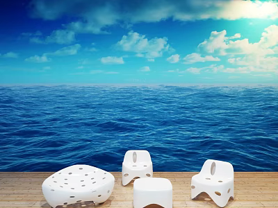 White Outdoor Chairs With Hollow Design On Ocean View Wooden Floor 3d model