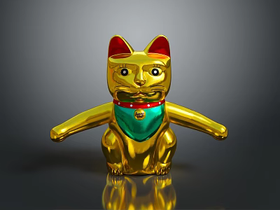 Golden Lucky Cat Decorative Figurine With Red Ears And Green Scarf For Home Furniture Decoration 3d model