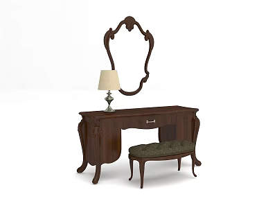 Classic Wooden Dressing Table With Carved Design Mirror Table Lamp And Stool 3d model
