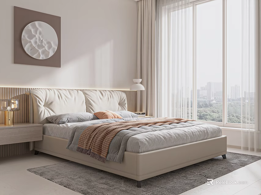 Modern Bedroom Interior With Upholstered Headboard Decorative Wall Art Large Windows And City View 3d model 