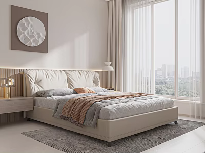 Modern Bedroom Interior With Upholstered Headboard Decorative Wall Art Large Windows And City View 3d model