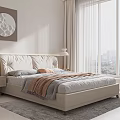 Modern Bedroom Interior With Upholstered Headboard Decorative Wall Art Large Windows And City View