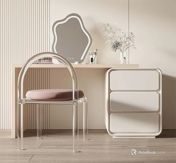 Modern Wooden Dressing Table With Irregular Decorative Mirror Transparent Acrylic Chair Pink Cushion And Vase 3d model 
