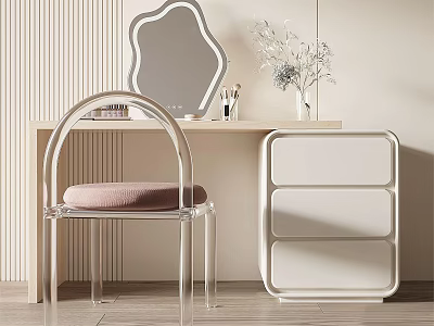 Modern Wooden Dressing Table With Irregular Decorative Mirror Transparent Acrylic Chair Pink Cushion And Vase 3d model