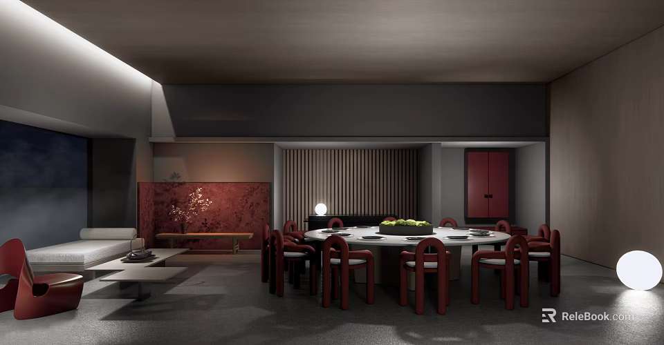 Elegant Private Room With Round Dining Table Red Chairs Decorative Wall And Soft Lighting 3d model