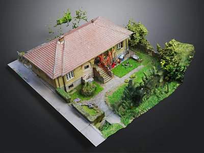 Yellow Building With Red Tile Roof Stone Steps Entrance Green Lawn Trees And Shrubs 3d model