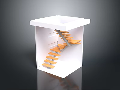 Modern White Cube Building Interior Featuring Orange Spiral Stairs Design Structure 3d model