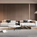 Modern Living Room Interior With White Brown Sofas Coffee Table Rug And Wooden Wall