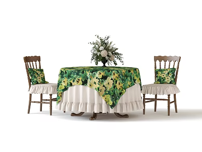 Elegant Dining Table Set With Round Table Green Yellow Floral Tablecloth Wooden Chairs And Cushions 3d model