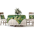 Elegant Dining Table Set With Round Table Green Yellow Floral Tablecloth Wooden Chairs And Cushions