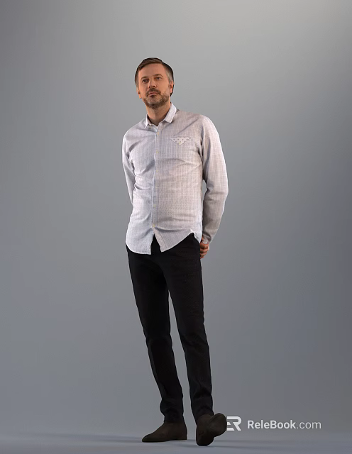 Man In Light Gray Checkered Shirt And Black Pants Standing Against Gray Background 3d model 