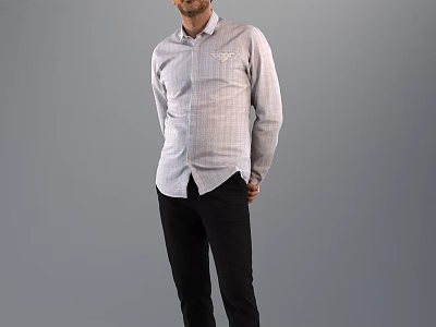 Man In Light Gray Checkered Shirt And Black Pants Standing Against Gray Background 3d model