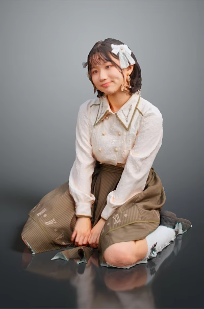 Woman sitting on ground in light shirt brown skirt white hair accessory gray background reflection 3d model