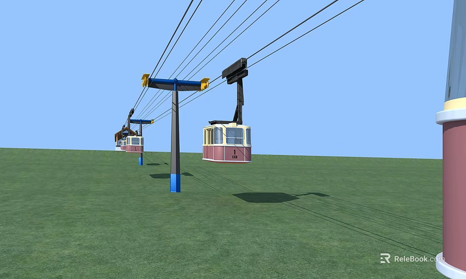 Scenic Cable Cars Hanging Over Green Grassland With Blue Sky And Poles 3d model 