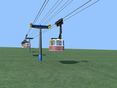 Scenic Cable Cars Hanging Over Green Grassland With Blue Sky And Poles 3d model