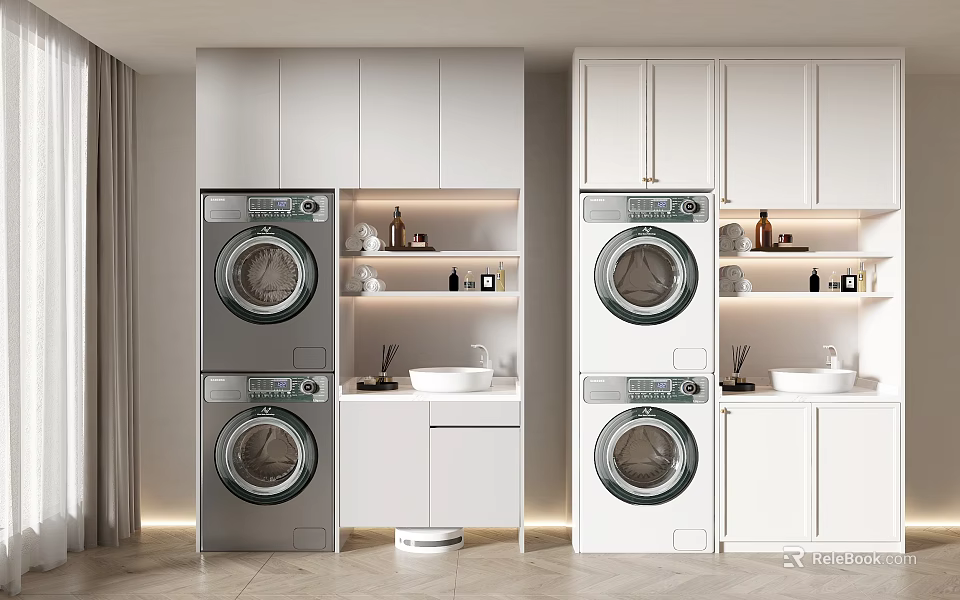 Modern White Bathroom Cabinetry With Integrated Washing Machine Dryer And Sink Countertop Storage 3d model 