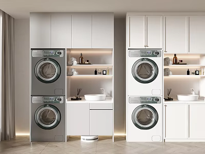 Modern White Bathroom Cabinetry With Integrated Washing Machine Dryer And Sink Countertop Storage 3d model